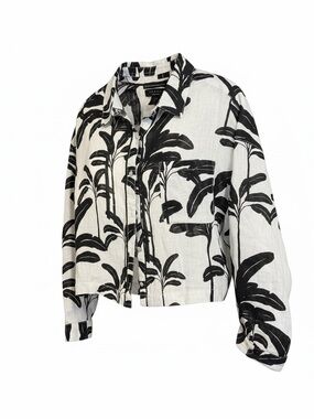 Tahari Black and White Linen Print Button-Up